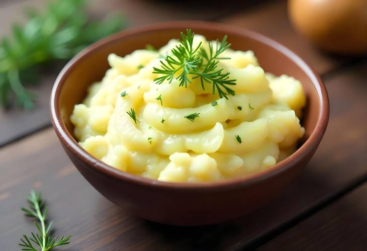 Creamy Mashed Potatoes with Dill in Rustic Earthenware Bowl